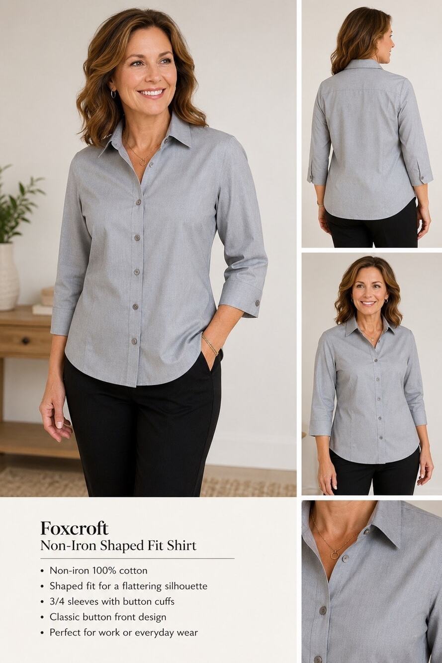Foxcroft Non Iron Shaped Fit Gray Button Front Shirt Women’s Size 10 Cotton